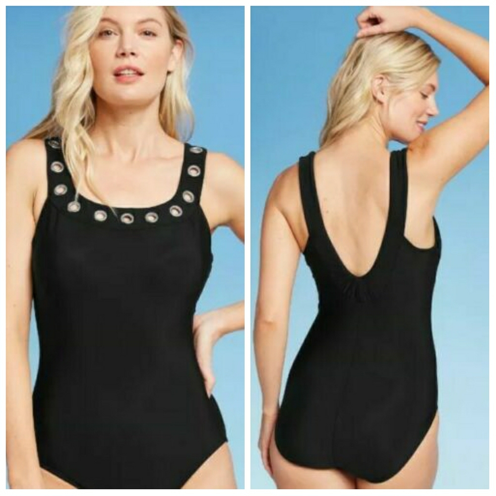 NWT Aqua Green Eyelet One Piece Black Bathing Suit